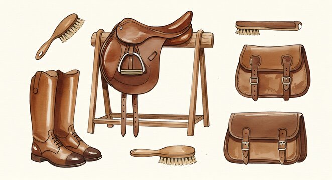 Watercolor equestrian equipment illustration saddle boots brushes