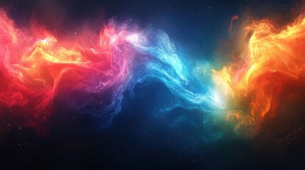 Fototapeta premium Cosmic nebula, red & orange fire meets blue ice in space, stars shimmer background