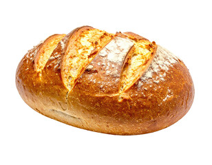 Loaf of freshly baked bread, with cuts on top, isolated on black background