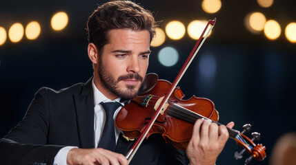 Focused musician playing violin on stage, dressed in formal suit, with soft bokeh lights in background creating elegant atmosphere