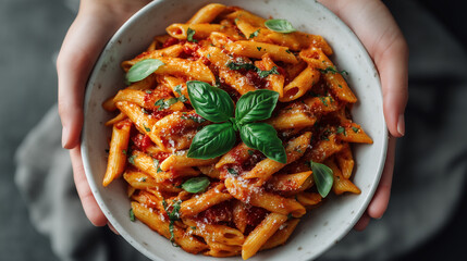pasta with basil in a bowl, tomato, red pepper pieces, healthy food with vegetables, fresh organic nutrition