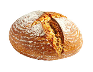 A crusty, round loaf of freshly baked bread with a scored top and flour dusting
