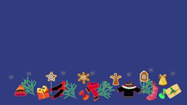 Animated illustration of a Christmas frame  under decoration with pine leaves, ornaments, ribbon, stars, gifts, gingerbread