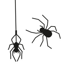 Vector set of spiders hanging on a web in doodle style. Halloween illustration.