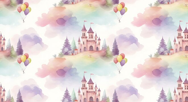 Watercolor fantasy castle pattern with balloons and pastel clouds repeating design