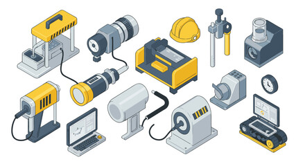 Industrial equipment isometric icons set featuring machines and tools