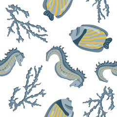 Vector seamless pattern with corals, fish and seahorse. Suitable for fabric, phone cases and stationery.