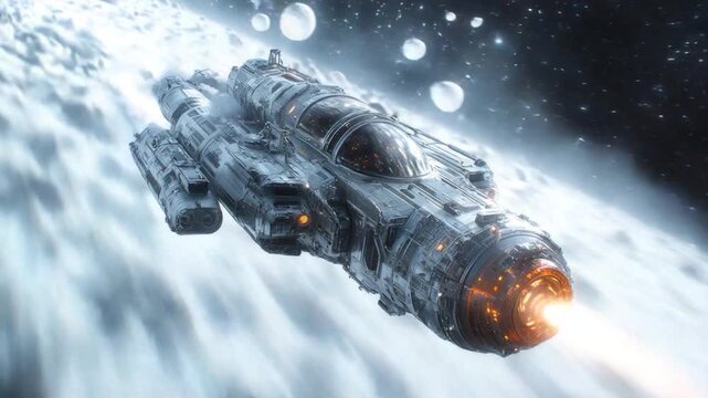 A large space ship flying through a star-filled space, suitable for use in sci-fi illustrations and themes