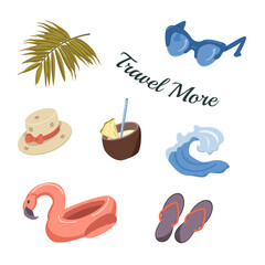 Vector set of beach and swimming objects. Hat and flip flops, inflatable ring and cocktail.