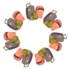 Vector postcard with suitcases and backpacks. Classic adventure and wanderlust concept with copy space.