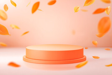  Elegant peach pedestal with floating autumn leaves, soft warm glow, minimalist studio backdrop, product showcase, inviting serene.