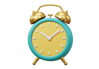 Isolated colorful alarm clock in retro style, golden bells, turquoise rim and yellow face