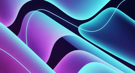 An abstract landscape of undulating neon shapes in shades of blue and purple, creating a futuristic and dreamlike atmosphere with a sense of depth and movement, evoking serenity