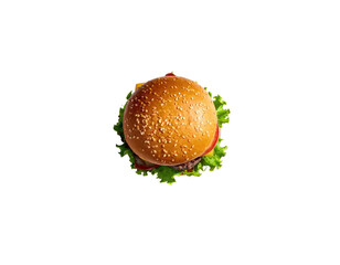 Top-down shot of a sesame-seed bunned burger with fresh toppings, isolated