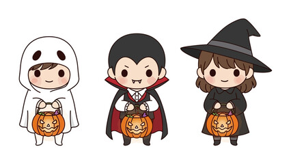 Spooky Squad Halloween: A trio of charming cartoon characters embody the Halloween spirit, dressed as a ghost, a vampire, and a witch, each clutching a jack-o'-lantern.