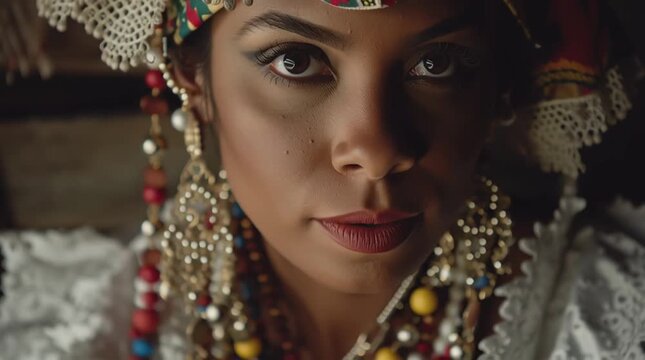 Intriguing Gaze: A woman adorned in traditional attire, her eyes speak volumes of heritage and cultural richness. It's a visual ode to timeless elegance.