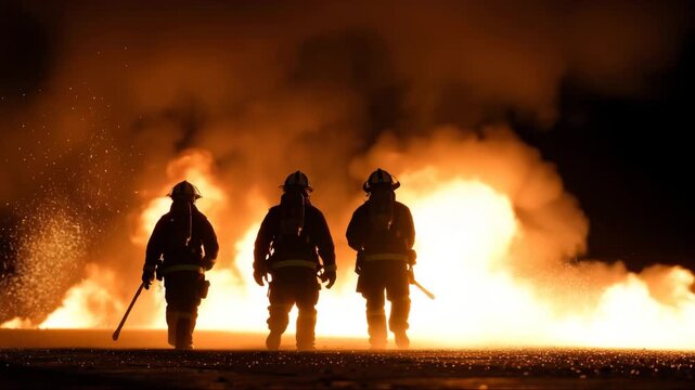 A blurry image of firefighters battling a house fire, with intense orange flames rising against the dark night sky, capturing a dramatic emergency response.