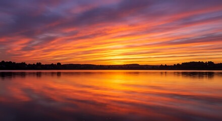 Vibrant sunset over calm water reflects dramatic colorful sky horizon