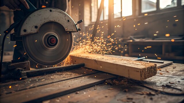 Circular saw cutting wooden plank in workshop with sparks flying, industrial carpentry and woodworking concept.