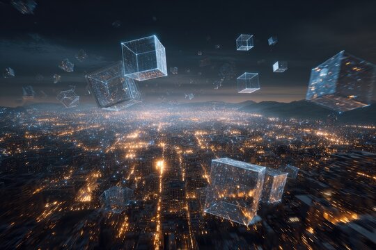 Futuristic city at dusk, with glowing data cubes floating above a vibrant, illuminated urban landscape