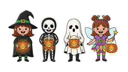Spooky Halloween Gathering: A vibrant cartoon depicting a charming witch, a spooky skeleton, a spectral ghost, and a dazzling fairy, each clutching a glowing jack-o'-lantern.
