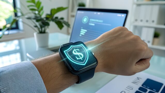 A man wearing a smartwatch with a digital dollar sign on the display. The background features a laptop and a plant, symbolizing technology and finance.