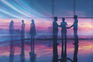 Silhouetted professionals in modern office, overlooking a cityscape and futuristic light trails