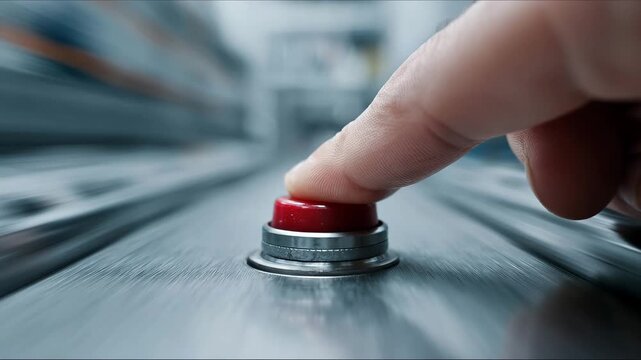 Finger presses the big red button. Alarm