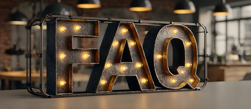 3D render of a "FAQ" sign on a office workplace background
