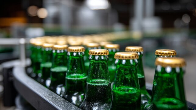 Green beer bottles on the production line of a bottling plant during the packaging process