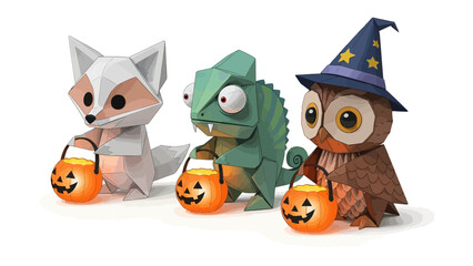 Whimsical Halloween Trio: Adorable illustrated characters, a fox, chameleon, and owl, embrace the Halloween spirit with charming trick-or-treat baskets.