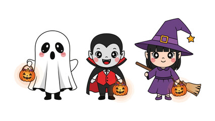 Spooky Trio: Three adorable figures embodying the spirit of Halloween. The scene showcases a charming ghost, a dapper vampire, and a whimsical witch, each ready for trick-or-treating. 