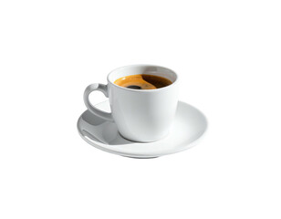 A white mug with a dark beverage sits on a matching saucer against black