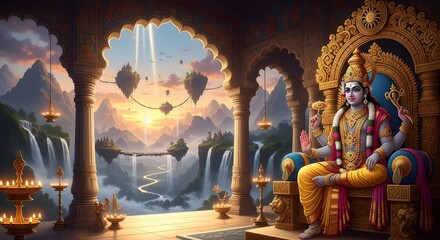 Mythical Deity Sitting on Ornate Throne in Elegant Temple with Mountain and Waterfall Scene
