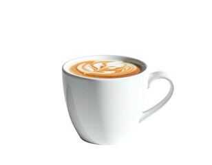 A white mug of coffee with intricate latte art, isolated on a black background