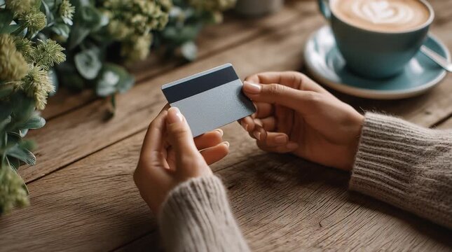 Debit Card and Coffee: The image captures a close-up shot of hands holding a sleek debit card, set against the backdrop of a cozy caf&eacute; scene, complete with a warm cup of coffee and verdant plants.