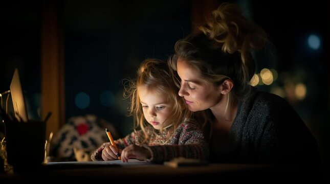 Cozy Study Session: A tender moment unfolds as a caring parent guides their child through a late-night learning session, fostering a bond of love and knowledge.