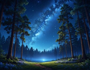 Night Forest Landscape with Stars.