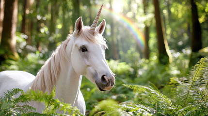 Majestic unicorn stands lush forest, surrounded by vibrant greenery and ferns, with rainbow arching background, evoking sense of magic and wonder