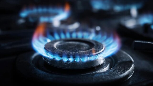 a fire lights up in the burner of the gas stove. A stove uses combustible or natural gas from the city gas network or liquefied gas as fuel. the energy crisis and rising energy prices.