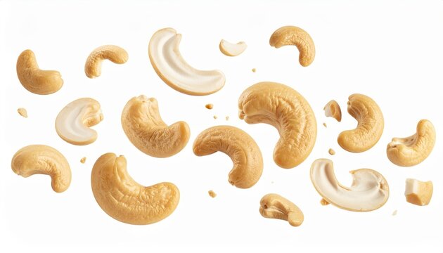 High-quality image of raw cashew nuts floating against a white background, ideal for health, nutrition, and culinary themes.