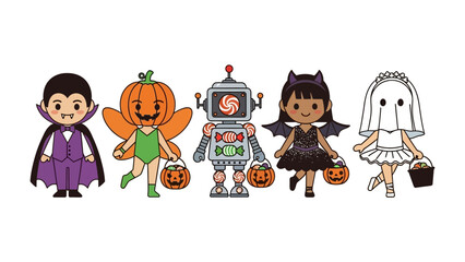 Halloween Masquerade: Adorable and whimsical characters dressed in their finest Halloween costumes. A vibrant and cute illustration that captures the spirit of the season.