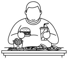 Overweight person enjoying fast food and unhealthy meal.