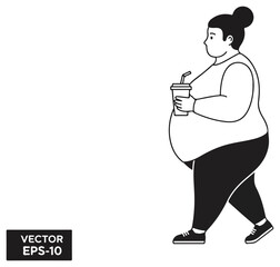 Overweight woman walking with a drink in hand.