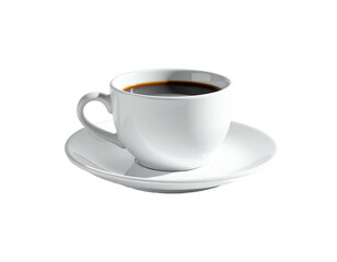 White ceramic cup filled with dark liquid, rests on matching saucer, black bg