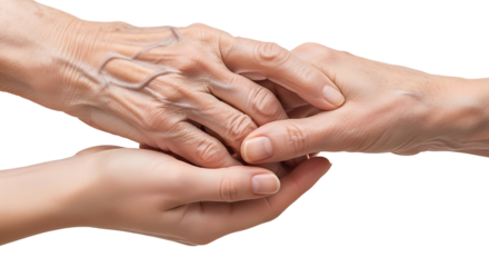 Young hand gently holding an older, wrinkled hand, symbolizing care, support, and generational connection