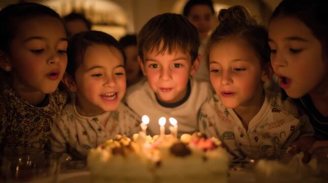 Birthday Wish Delight: Children gather around a birthday cake with lit candles, faces lit with anticipation and joy. This emotive photo conveys warmth, friendship, and the magic of the moment.