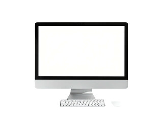 Front-facing computer display, keyboard, and mouse against a solid black background