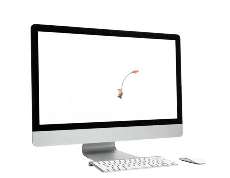 Sleek, silver desktop computer with a white screen, keyboard, and mouse