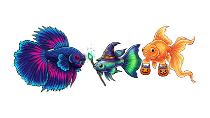 Enchanting Aquatic Trio: A captivating illustration featuring an animated betta fish, a whimsical wizard-themed fish, and a festive goldfish, each showcasing vibrant colors and unique characteristics.
